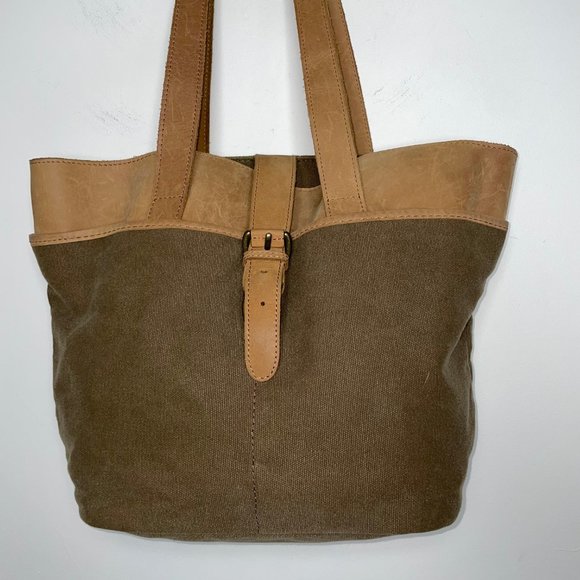 LL Bean Tote Handbag Canvas Leather Trim & Handles Large Purse Gorpcore,  Great - Picture 2 of 10